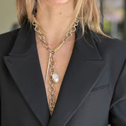 Round Link Chain Lariat with Single Gold Spike and Baroque Pearl