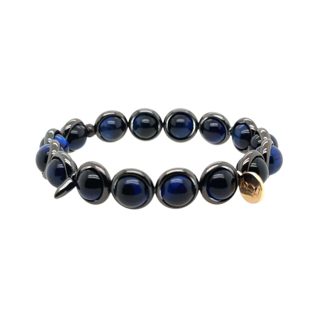 BRETT LAUREN Bracelets Gunmetal / S/M Blue Tiger Eye Gemstone Bead Bracelet 8 mm